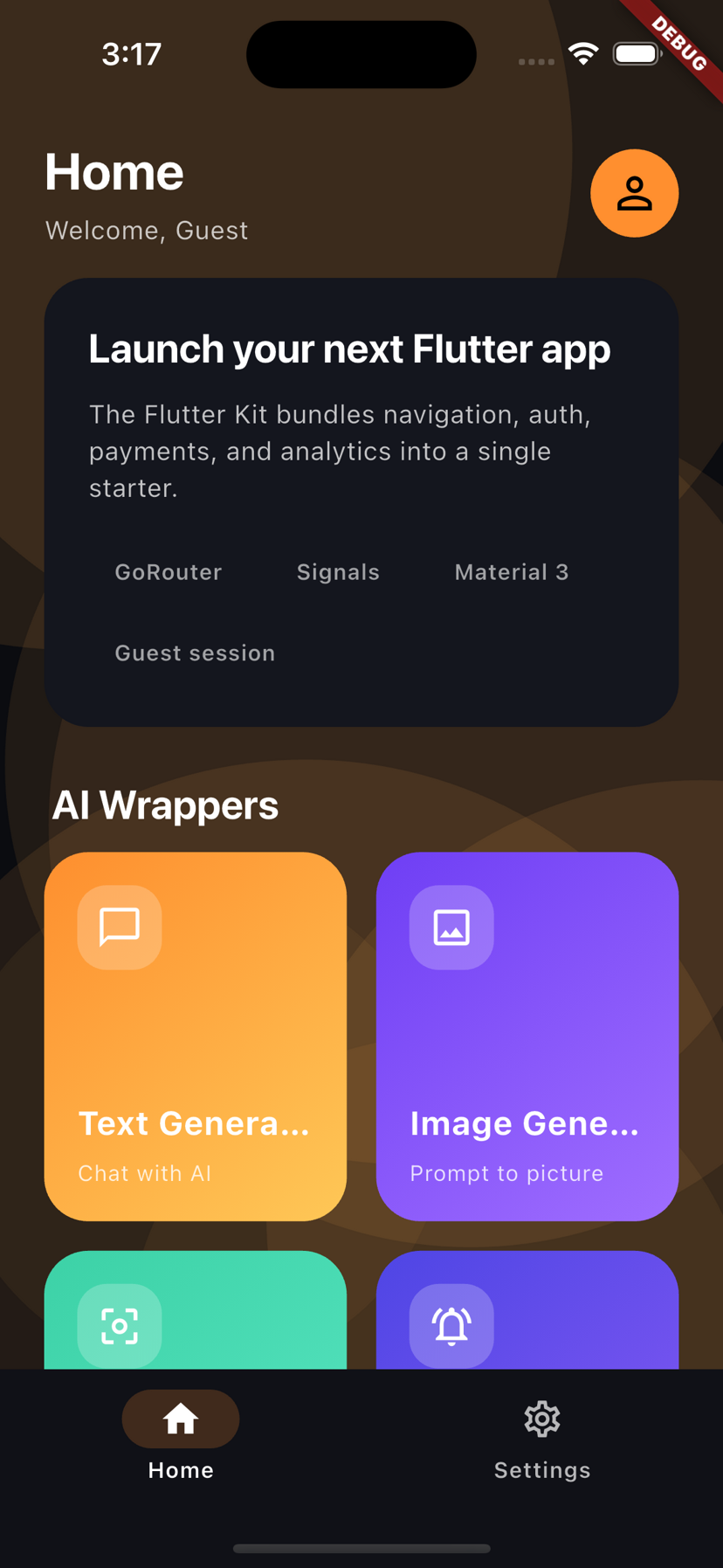 Flutter home dashboard generated by The Flutter Kit