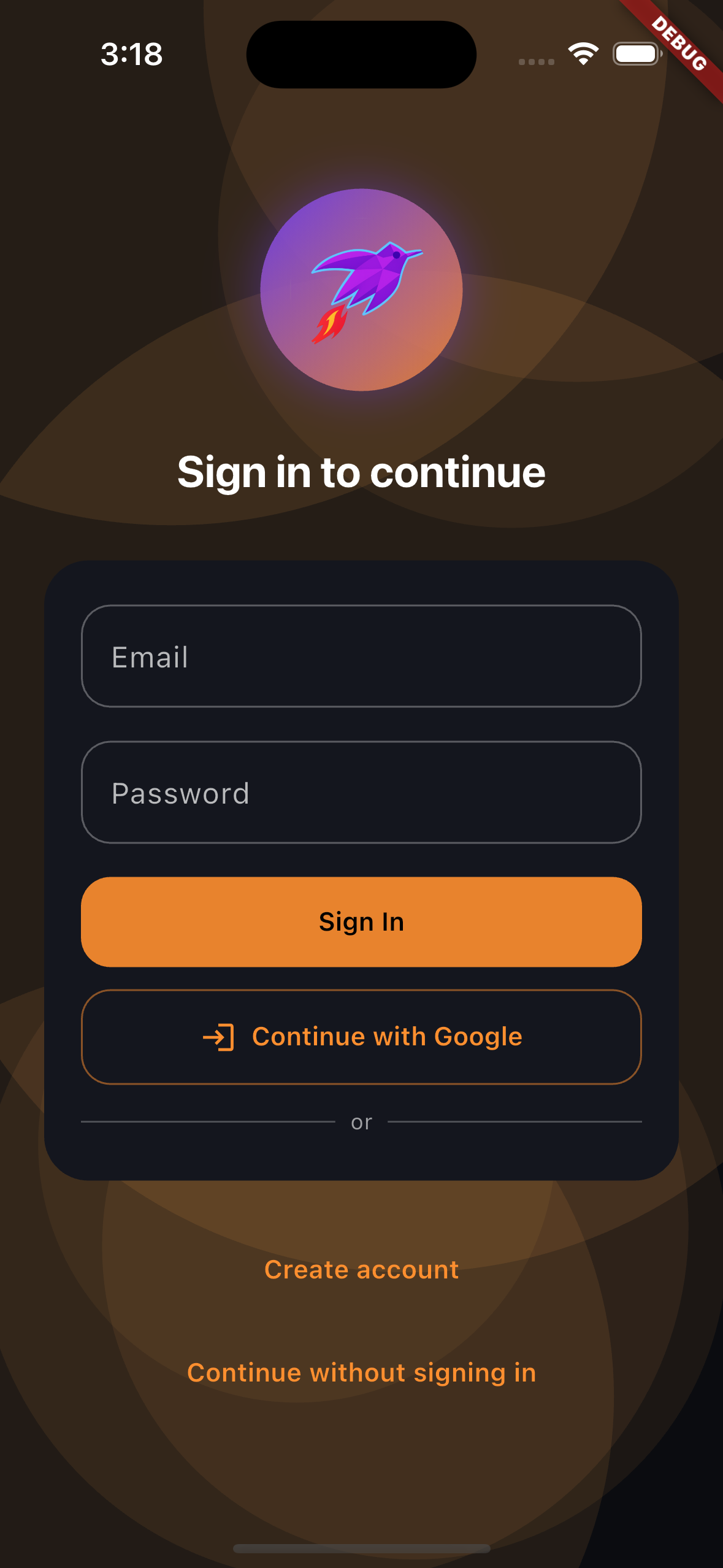 Flutter login screen with email and password fields