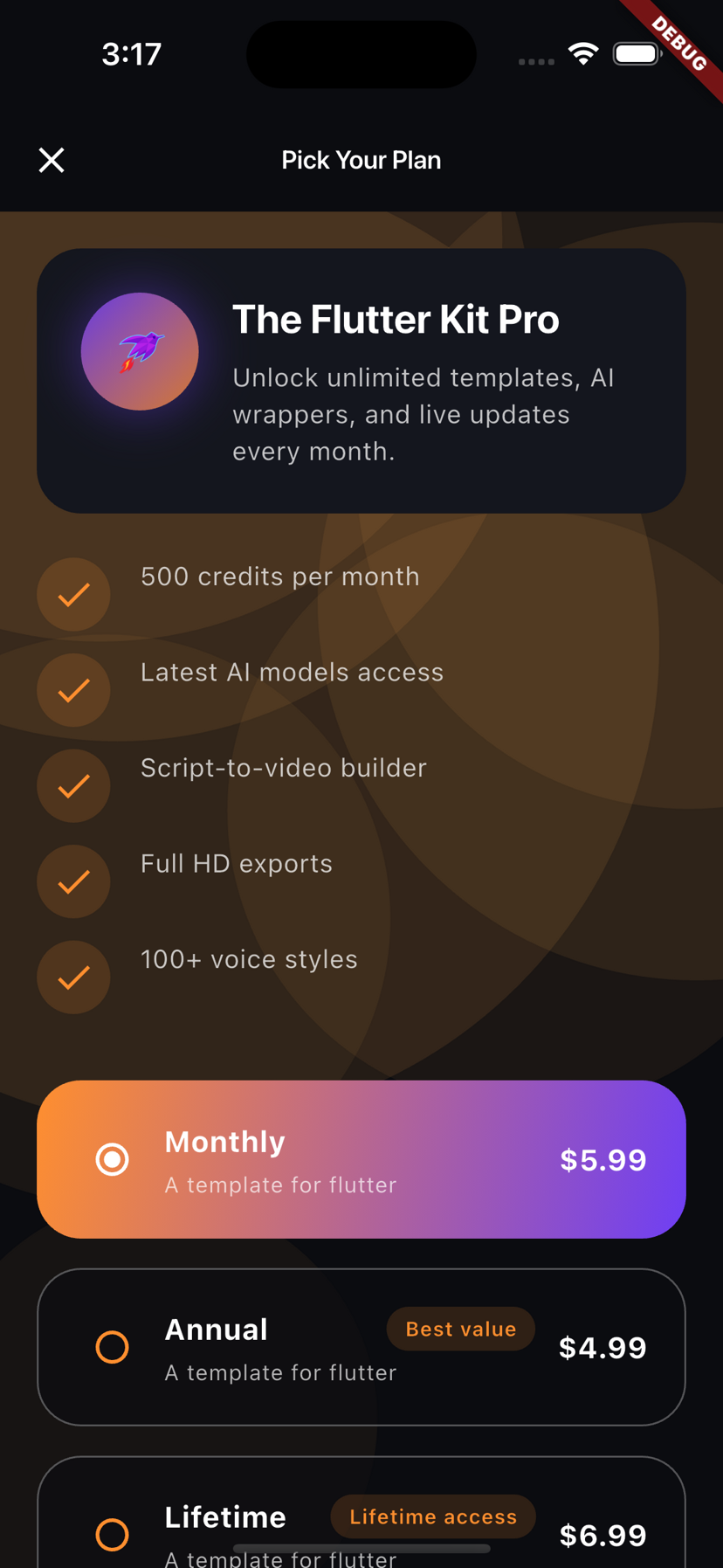 In-app paywall screen with subscription options