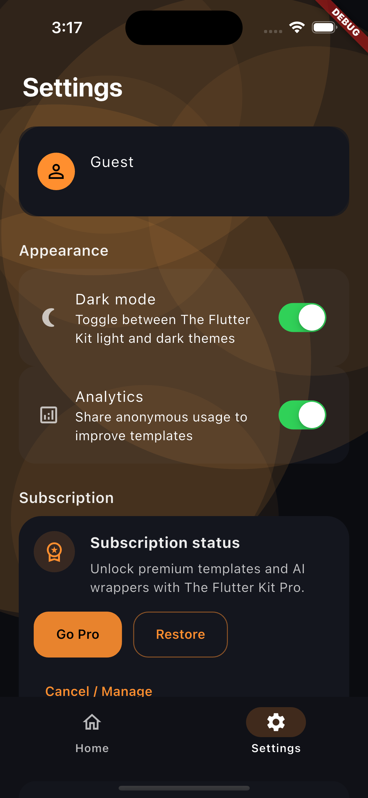 Settings screen for account and subscription management
