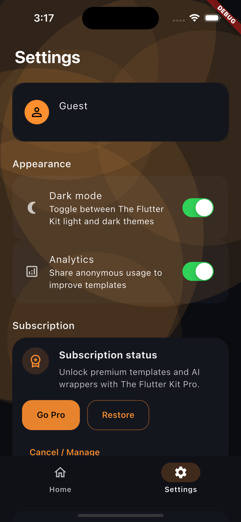 Settings screen for account and subscription management